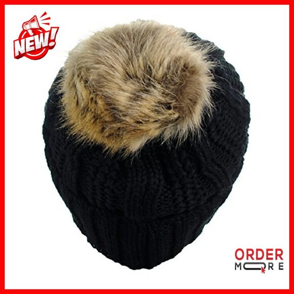 Fleece Lined Cable Knit Beanie with Faux Fur Pom - One Size main image 4